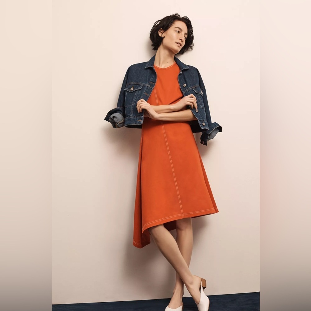 Bileu Anthropologie Sleeveless Orange A-Line Dress with Contrast Stitching sz 8 - Picture 4 of 12